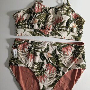 New Lime Ricki Vintage Tropical Bralette Top & Reversible High-Waist Bottoms 3X